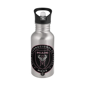 Inter Miami CF, Water bottle Silver with straw, stainless steel 500ml
