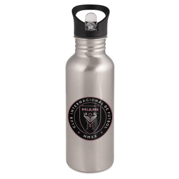 Inter Miami CF, Water bottle Silver with straw, stainless steel 600ml