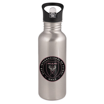 Ίντερ Μαϊάμι (Inter Miami CF), Παγούρι νερού Ασημένιο με καλαμάκι, ανοξείδωτο ατσάλι 600ml