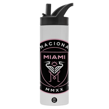 Ίντερ Μαϊάμι (Inter Miami CF), Μεταλλικό παγούρι θερμός με καλαμάκι & χειρολαβή, ανοξείδωτο ατσάλι (Stainless steel 304), διπλού τοιχώματος, 600ml