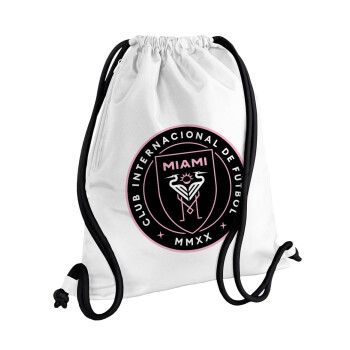 Ίντερ Μαϊάμι (Inter Miami CF), Τσάντα πλάτης πουγκί GYMBAG λευκή, με τσέπη (40x48cm) & χονδρά κορδόνια