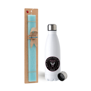 Inter Miami CF, Easter Set, metallic stainless steel water bottle (750ml) & aromatic flat Easter candle (30cm) (TURQUOISE)