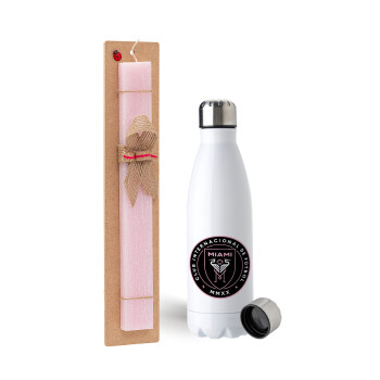 Inter Miami CF, Easter Set, metallic stainless steel water bottle (750ml) & scented flat Easter candle (30cm) (PINK)