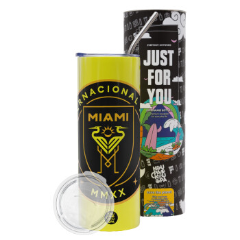 Ίντερ Μαϊάμι (Inter Miami CF), Neon Yellow Travel Tumbler θερμό, μεταλλικό καλαμάκι(Ανωξείδωτο 304 Food grade, BPA free, 600ml)