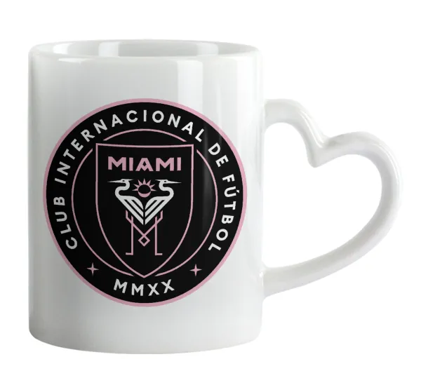 Ίντερ Μαϊάμι (Inter Miami CF) — Κούπα καρδιά χερούλι λευκή, κεραμική, 330ml