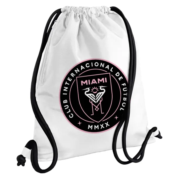 Ίντερ Μαϊάμι (Inter Miami CF) — Τσάντα πλάτης πουγκί GYMBAG λευκή, με τσέπη (40x48cm) & χονδρά κορδόνια