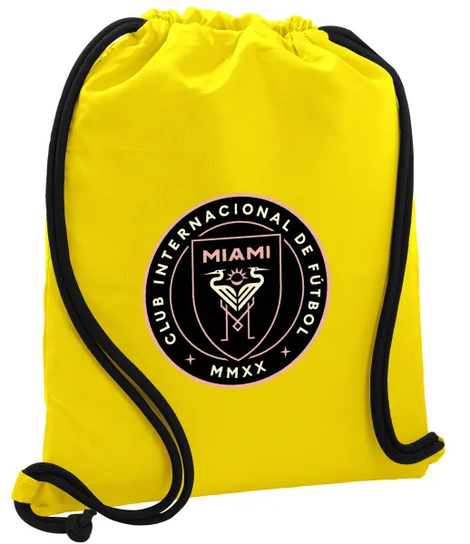 Ίντερ Μαϊάμι (Inter Miami CF) — Τσάντα πλάτης πουγκί GYMBAG Κίτρινη, με τσέπη (40x48cm) & χονδρά κορδόνια
