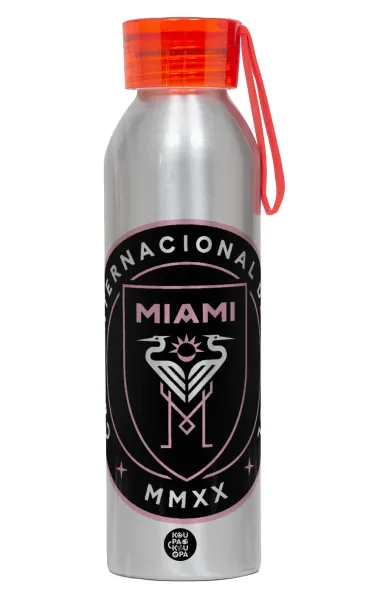 Inter Miami CF — Aluminum Sports Bottle 650ml – Silver with Red Cap and Silicone Strap