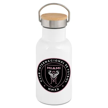 Inter Miami CF, Metallic thermos (Stainless steel) White with wooden lid (bamboo), double-walled, 350ml