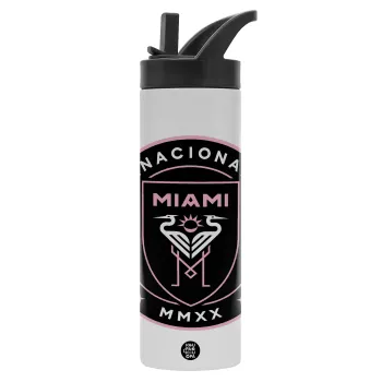 Inter Miami CF, Metallic thermos bottle with straw & handle, stainless steel (Stainless steel 304), double-walled, 600ml.