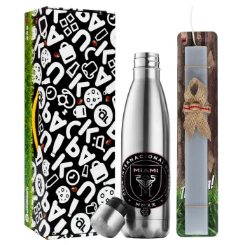 Inter Miami CF, Easter Set, metallic stainless thermos flask (500ml) & scented flat Easter candle (30cm) (GRAY)