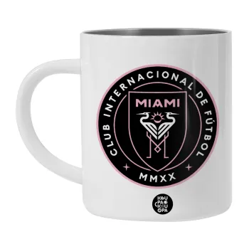 Ίντερ Μαϊάμι (Inter Miami CF), Λευκή Ανοξείδωτη Μεταλλική Κούπα 450ml - Διπλού Τοιχώματος 