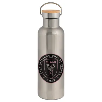 Inter Miami CF, Stainless steel Silver with wooden lid (bamboo), double wall, 750ml