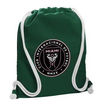 Ίντερ Μαϊάμι (Inter Miami CF), Τσάντα πλάτης πουγκί GYMBAG BOTTLE GREEN, με τσέπη (40x48cm) & χονδρά λευκά κορδόνια