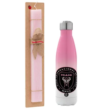 Inter Miami CF, Easter Set, Metallic pink/white (Stainless steel) thermos, double-walled, 500ml & aromatic flat Easter candle (30cm) (PINK)