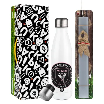 Ίντερ Μαϊάμι (Inter Miami CF), Πασχαλινή Λαμπάδα με μεταλλικό παγούρι θερμός λευκός (500ml) & λαμπάδα αρωματική πλακέ (30cm) (ΓΚΡΙ)