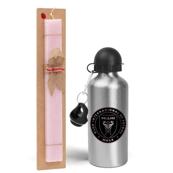 Inter Miami CF, Easter Set, metallic Silver aluminum water bottle (500ml) & scented flat Easter candle (30cm) (PINK)