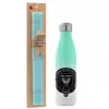 Easter Set, Metallic green/white thermos (Stainless steel), double-walled, 500ml & scented flat Easter candle (30cm) (TURQUOISE)