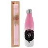 Easter Set, Metallic pink/white (Stainless steel) thermos, double-walled, 500ml & aromatic flat Easter candle (30cm) (PINK)