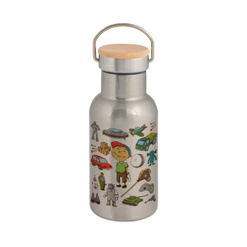 Toys Boy, Μεταλλικό παγούρι θερμός (Stainless steel) Ασημένιο με ξύλινο καπακι (bamboo), διπλού τοιχώματος, 350ml