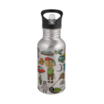 Toys Boy, Water bottle Silver with straw, stainless steel 500ml
