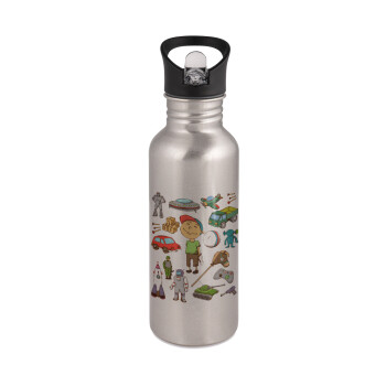 Toys Boy, Water bottle Silver with straw, stainless steel 600ml