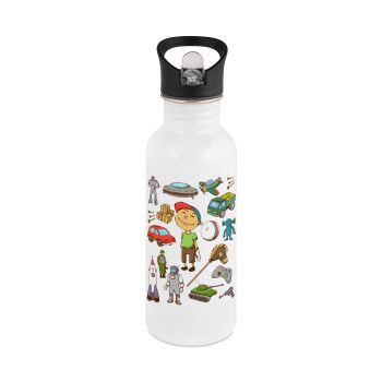 Toys Boy, White water bottle with straw, stainless steel 600ml