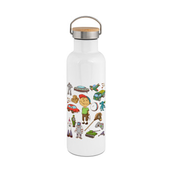 Toys Boy, Μεταλλικό παγούρι θερμός (Stainless steel) Λευκό με ξύλινο καπάκι (bamboo), διπλού τοιχώματος, 750ml