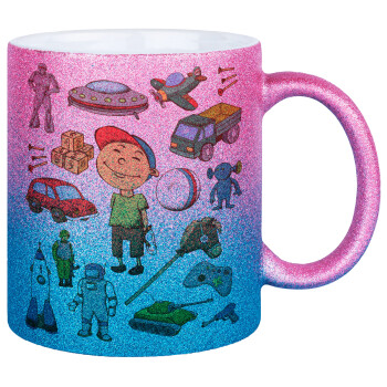 Toys Boy, Κούπα Χρυσή/Μπλε Glitter, κεραμική, 330ml