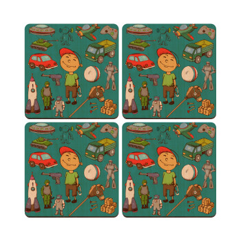 Toys Boy, ΣΕΤ x4 Σουβέρ ξύλινα τετράγωνα plywood (9cm)