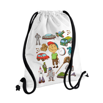 Toys Boy, Τσάντα πλάτης πουγκί GYMBAG λευκή, με τσέπη (40x48cm) & χονδρά κορδόνια