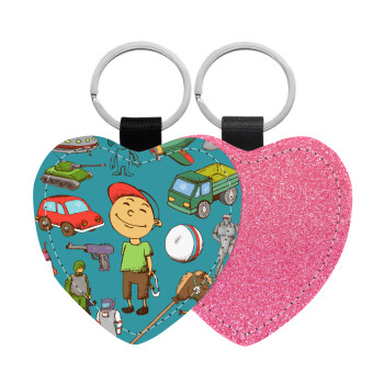 Toys Boy, Μπρελόκ PU δερμάτινο glitter καρδιά ΡΟΖ