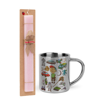 Toys Boy, Πασχαλινή Λαμπάδα με μεταλλική κούπα θερμό (300ml) & κερί αρωματικό πλακέ (30cm) (ΡΟΖ)