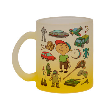 Toys Boy, Κούπα γυάλινη δίχρωμη με βάση το κίτρινο ματ, 330ml