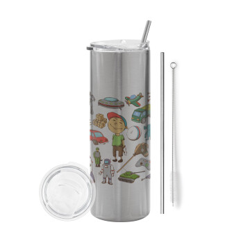 Toys Boy, Eco friendly stainless steel Silver tumbler 600ml, with metal straw & cleaning brush
