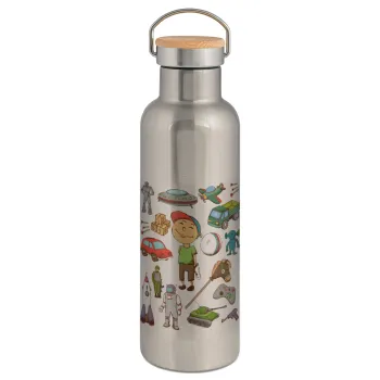 Toys Boy, Μεταλλικό παγούρι θερμός (Stainless steel) Ασημένιο με ξύλινο καπακι (bamboo), διπλού τοιχώματος, 750ml