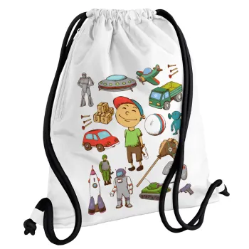 Toys Boy, Backpack pouch GYMBAG white, with pocket (40x48cm) & thick cords