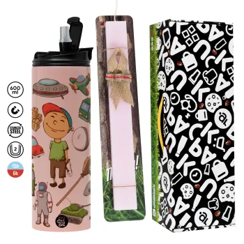 Toys Boy, Πασχαλινή Λαμπάδα με  ΡΟΖ Travel Tumbler θερμό (600ml, BPA free) & κερί αρωματικό πλακέ (30cm) (ΡΟΖ)