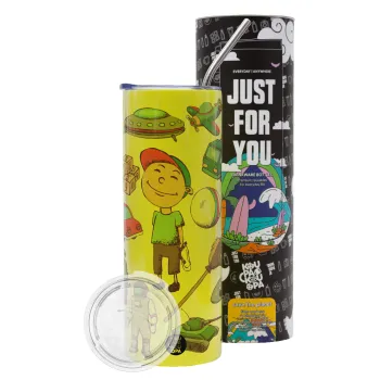 Toys Boy, Neon Yellow Travel Tumbler θερμό, μεταλλικό καλαμάκι(Ανωξείδωτο 304 Food grade, BPA free, 600ml)