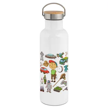 Toys Boy, Stainless steel White with wooden lid (bamboo), double wall, 750ml