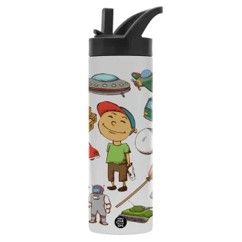 Toys Boy, Μεταλλικό παγούρι θερμός με καλαμάκι & χειρολαβή, ανοξείδωτο ατσάλι (Stainless steel 304), διπλού τοιχώματος, 600ml