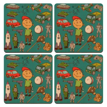 Toys Boy, ΣΕΤ x4 Σουβέρ ξύλινα τετράγωνα plywood (9cm)