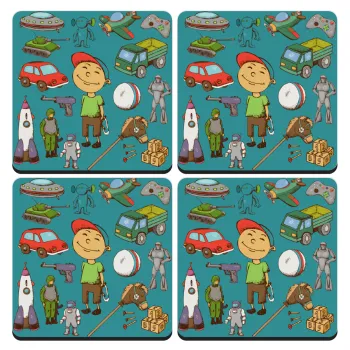 Toys Boy, ΣΕΤ 4 Σουβέρ ξύλινα τετράγωνα (9cm)