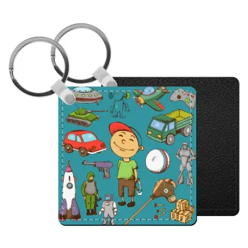 Toys Boy, Μπρελόκ Δερματίνη, τετράγωνο ΜΑΥΡΟ (5x5cm)