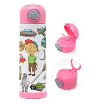 Toys Boy, Children's hot water bottle, stainless steel, with safety straw, PINK (500ml)