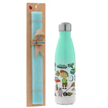 Toys Boy, Easter Set, Metallic green/white thermos (Stainless steel), double-walled, 500ml & scented flat Easter candle (30cm) (TURQUOISE)