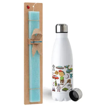 Toys Boy, Easter Set, metallic stainless steel water bottle (750ml) & aromatic flat Easter candle (30cm) (TURQUOISE)