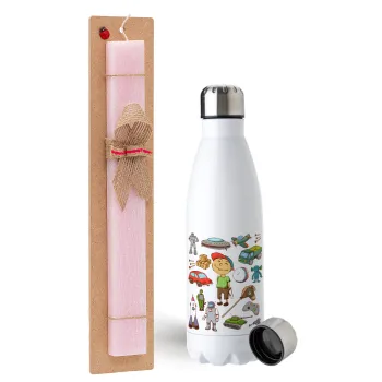 Toys Boy, Easter Set, metallic stainless steel water bottle (750ml) & scented flat Easter candle (30cm) (PINK)