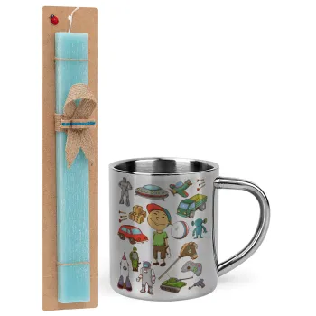 Toys Boy, Easter Set, metallic thermal cup (300ml) & aromatic flat Easter candle (30cm) (TURQUOISE)