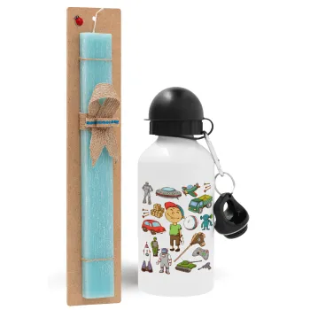 Toys Boy, Easter Set, metallic aluminum water bottle (500ml) & scented flat candle (30cm) (TURQUOISE)
